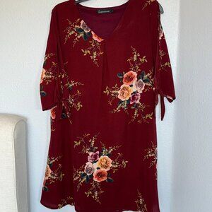 Tunic Brick Red Floral Mini Dress with Tie Sleeves
